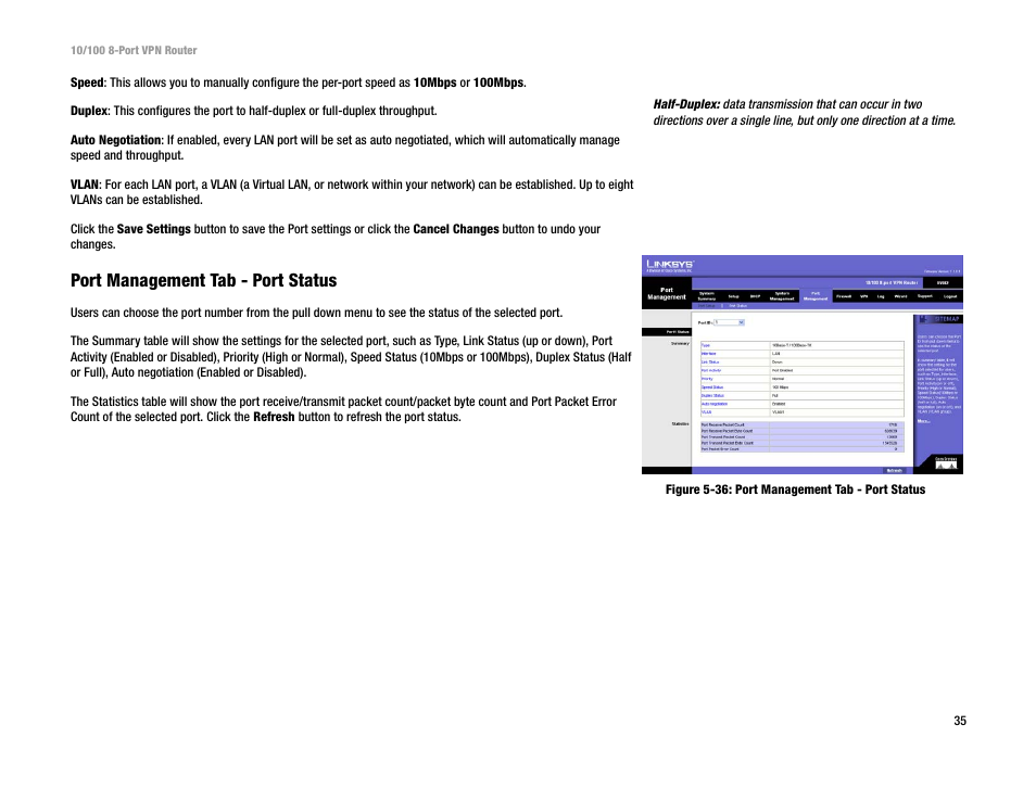 Port management tab - port status | Linksys RV082 User Manual | Page 44 / 105
