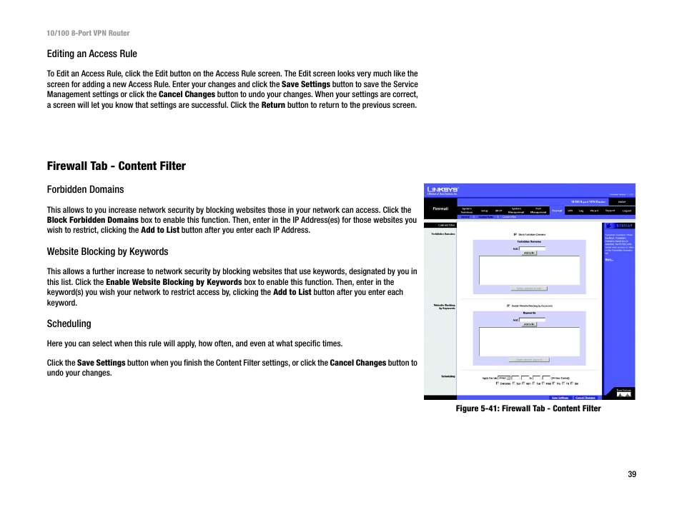 Firewall tab - content filter | Linksys RV082 User Manual | Page 48 / 105