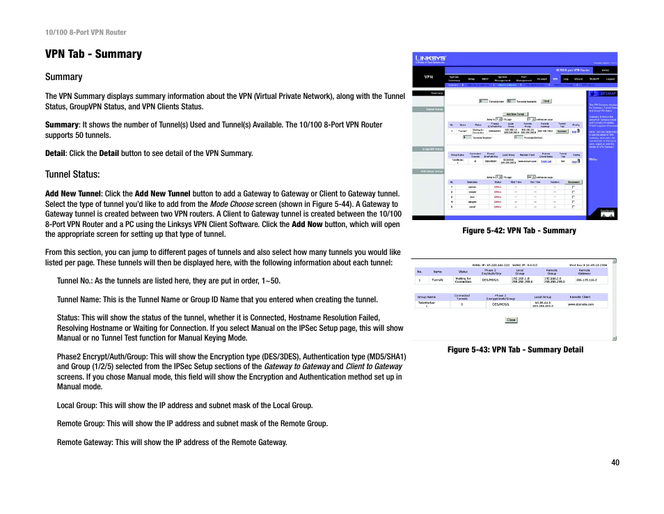 Vpn tab - summary | Linksys RV082 User Manual | Page 49 / 105