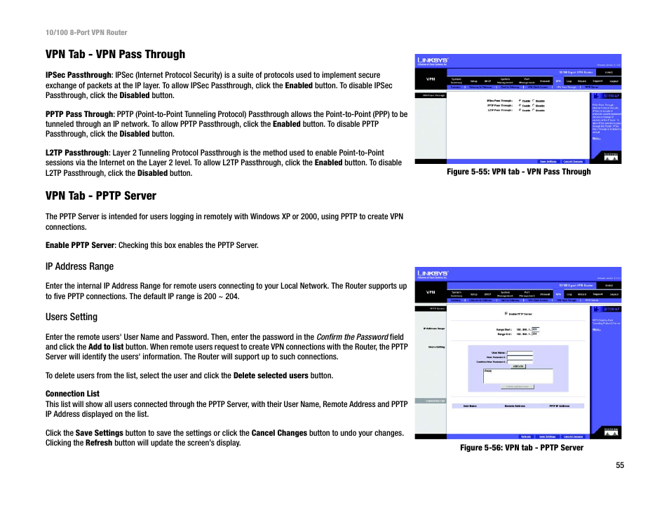 Vpn tab - vpn pass through, Vpn tab - pptp server | Linksys RV082 User Manual | Page 64 / 105