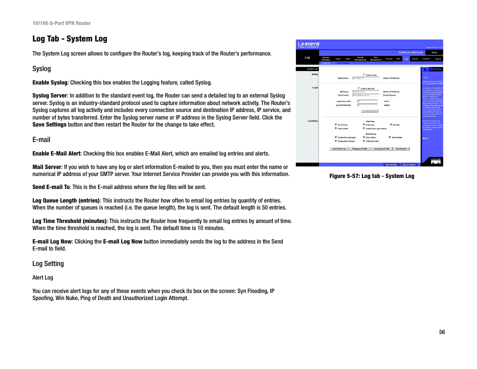 Log tab - system log | Linksys RV082 User Manual | Page 65 / 105