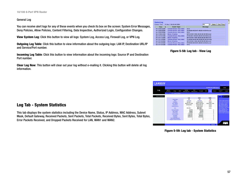 Log tab - system statistics | Linksys RV082 User Manual | Page 66 / 105