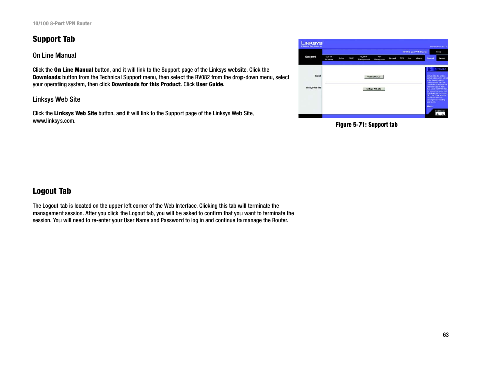 Support tab, Logout tab | Linksys RV082 User Manual | Page 72 / 105