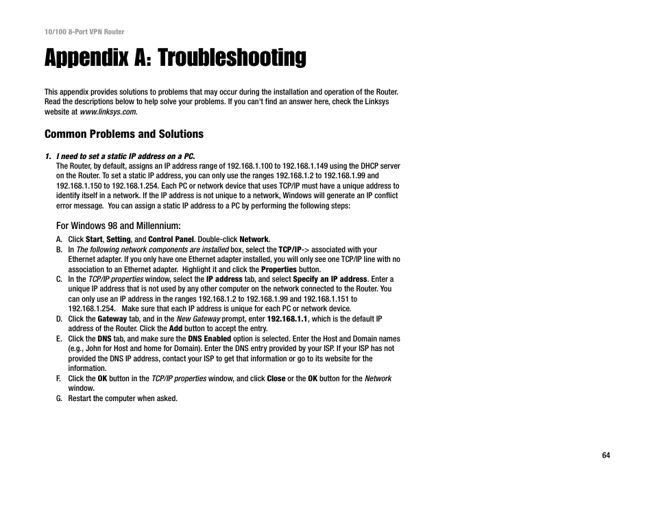 Appendix a: troubleshooting | Linksys RV082 User Manual | Page 73 / 105