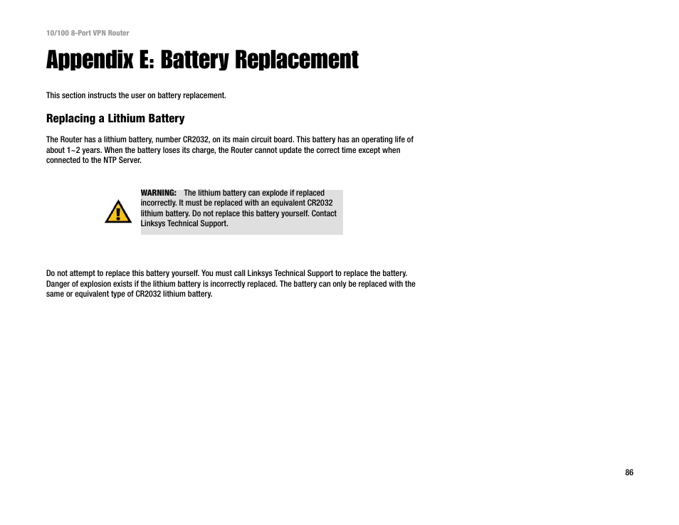 Appendix e: battery replacement | Linksys RV082 User Manual | Page 95 / 105