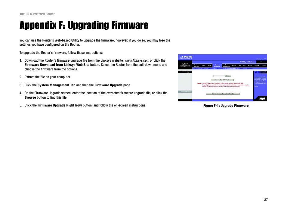 Appendix f: upgrading firmware | Linksys RV082 User Manual | Page 96 / 105
