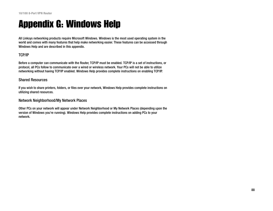 Appendix g: windows help | Linksys RV082 User Manual | Page 97 / 105