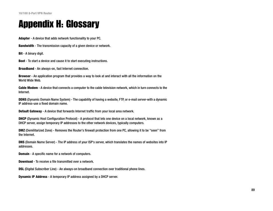 Appendix h: glossary | Linksys RV082 User Manual | Page 98 / 105