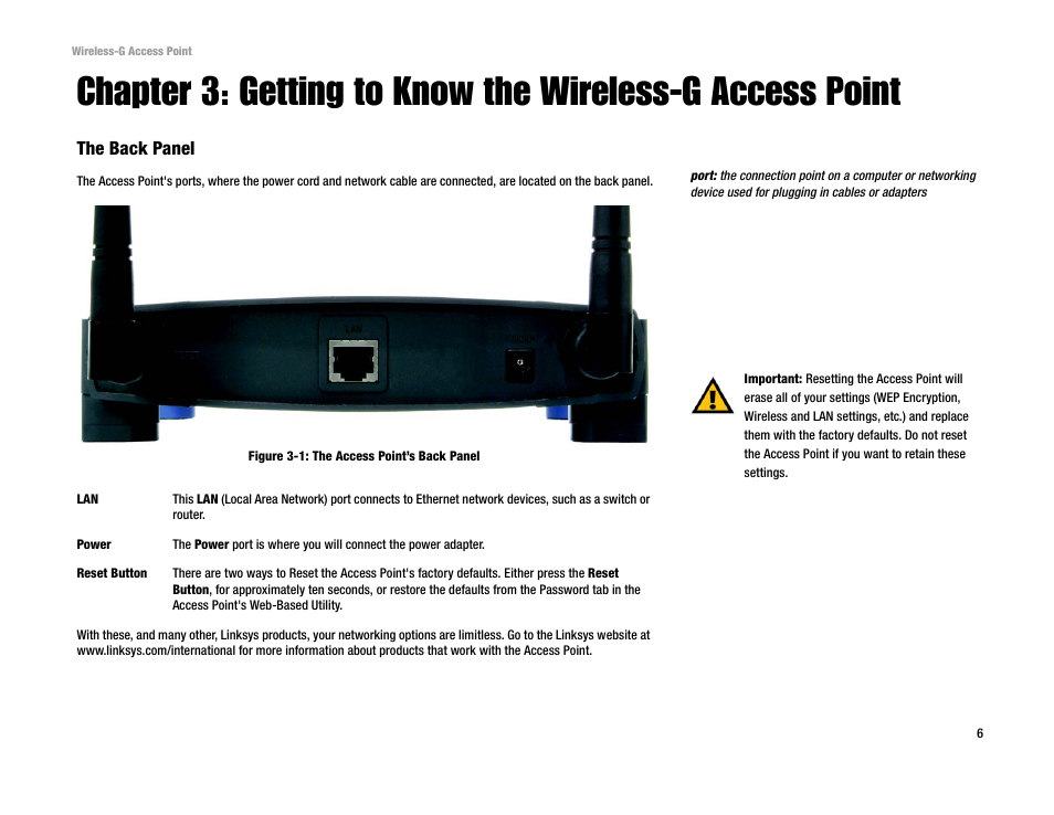 The back panel | Linksys WAP54G v2 User Manual | Page 12 / 59
