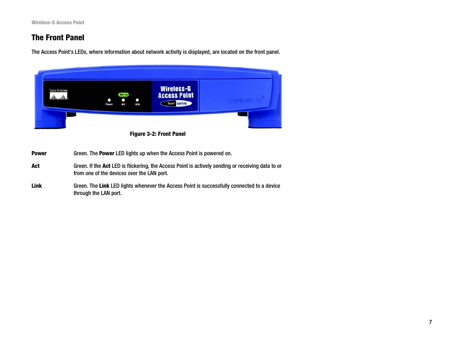 The front panel | Linksys WAP54G v2 User Manual | Page 13 / 59