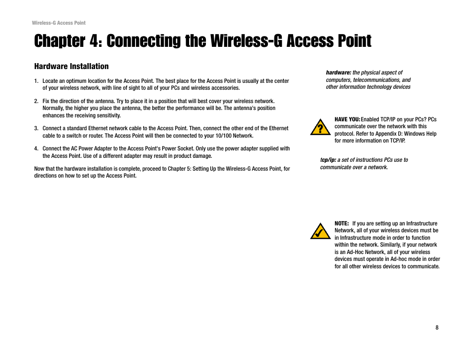 Chapter 4: connecting the wireless-g access point | Linksys WAP54G v2 User Manual | Page 14 / 59