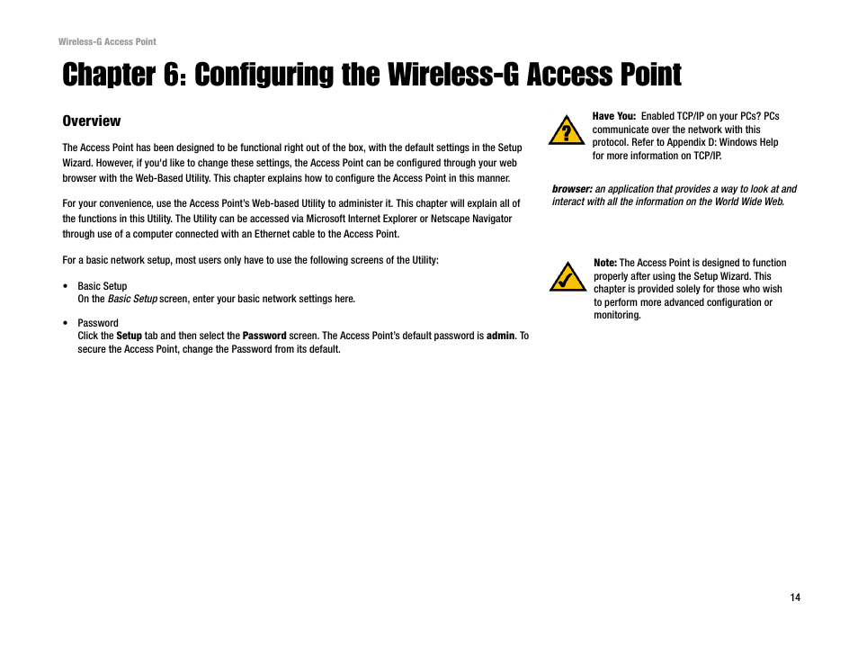 Chapter 6: configuring the wireless-g access point, Overview | Linksys WAP54G v2 User Manual | Page 20 / 59