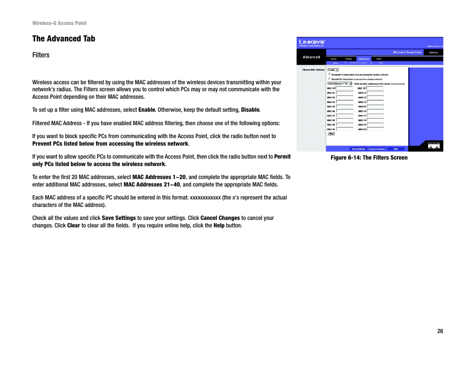 The advanced tab | Linksys WAP54G v2 User Manual | Page 32 / 59