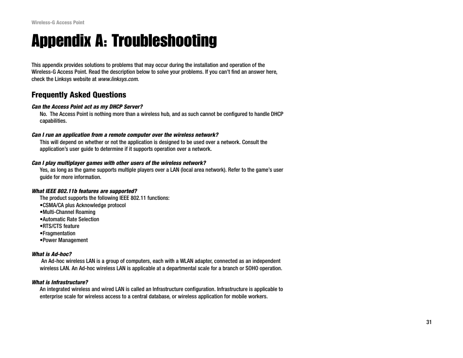 Appendix a: troubleshooting | Linksys WAP54G v2 User Manual | Page 37 / 59