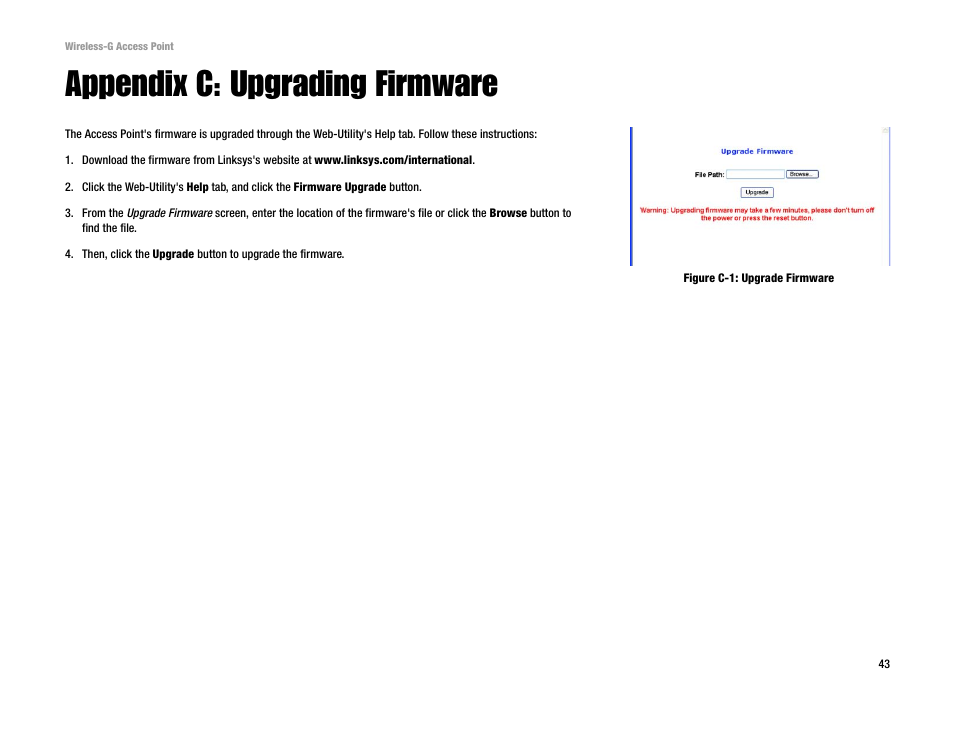 Appendix c: upgrading firmware | Linksys WAP54G v2 User Manual | Page 49 / 59