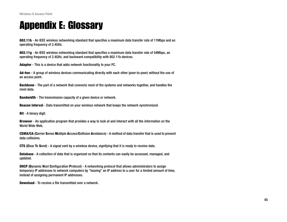 Appendix e: glossary | Linksys WAP54G v2 User Manual | Page 51 / 59