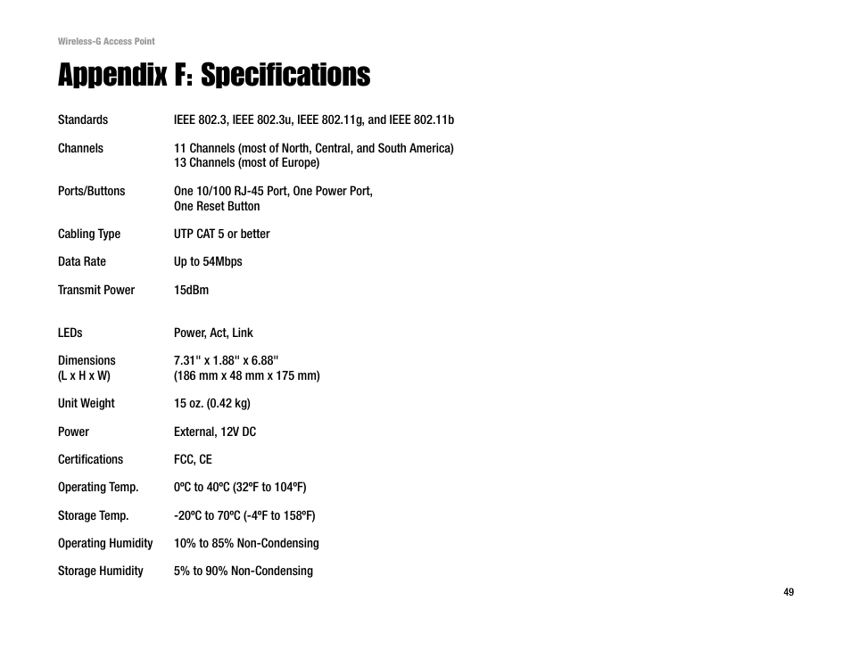 Appendix f: specifications | Linksys WAP54G v2 User Manual | Page 55 / 59