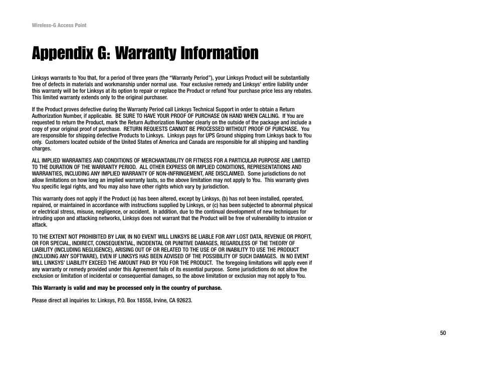 Appendix g: warranty information | Linksys WAP54G v2 User Manual | Page 56 / 59