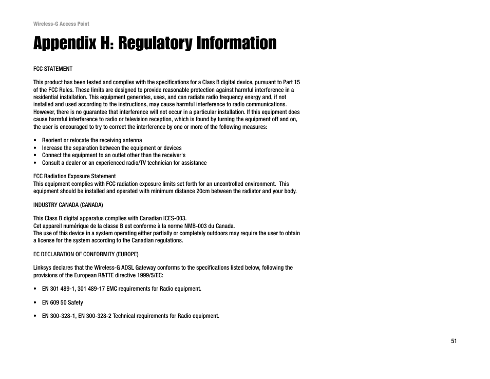 Appendix h: regulatory information | Linksys WAP54G v2 User Manual | Page 57 / 59