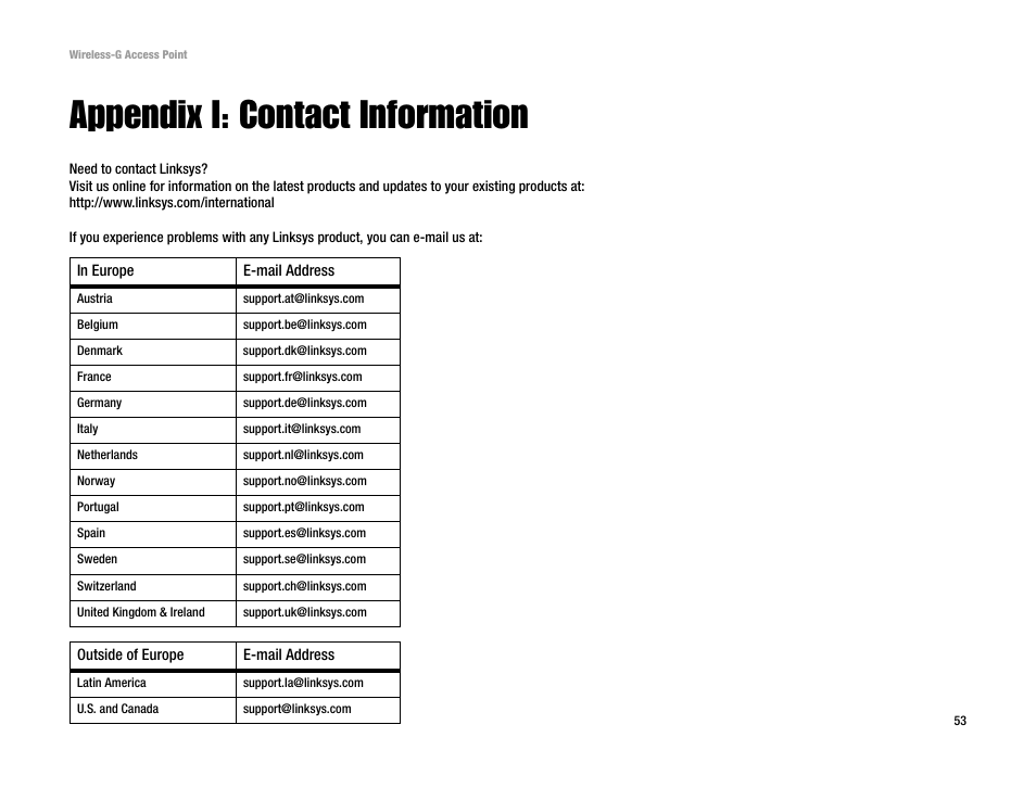 Appendix i: contact information | Linksys WAP54G v2 User Manual | Page 59 / 59