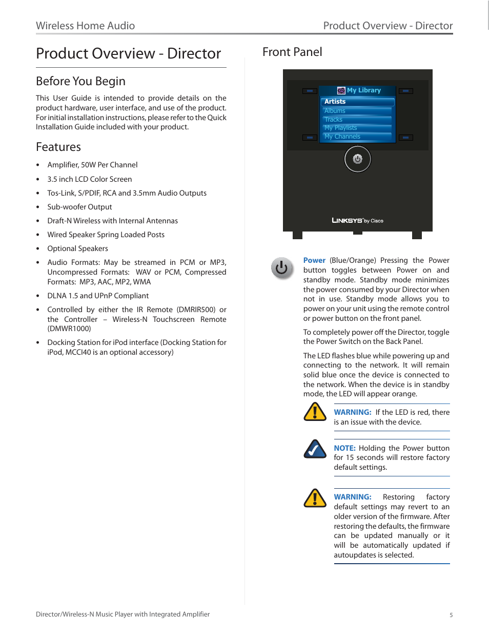 Product overview - director, Before you begin, Features | Front panel, Before you begin 5 features 5 front panel 5, Wireless home audio | Linksys Director / Wireless-N Music Player DMC250 User Manual | Page 12 / 73