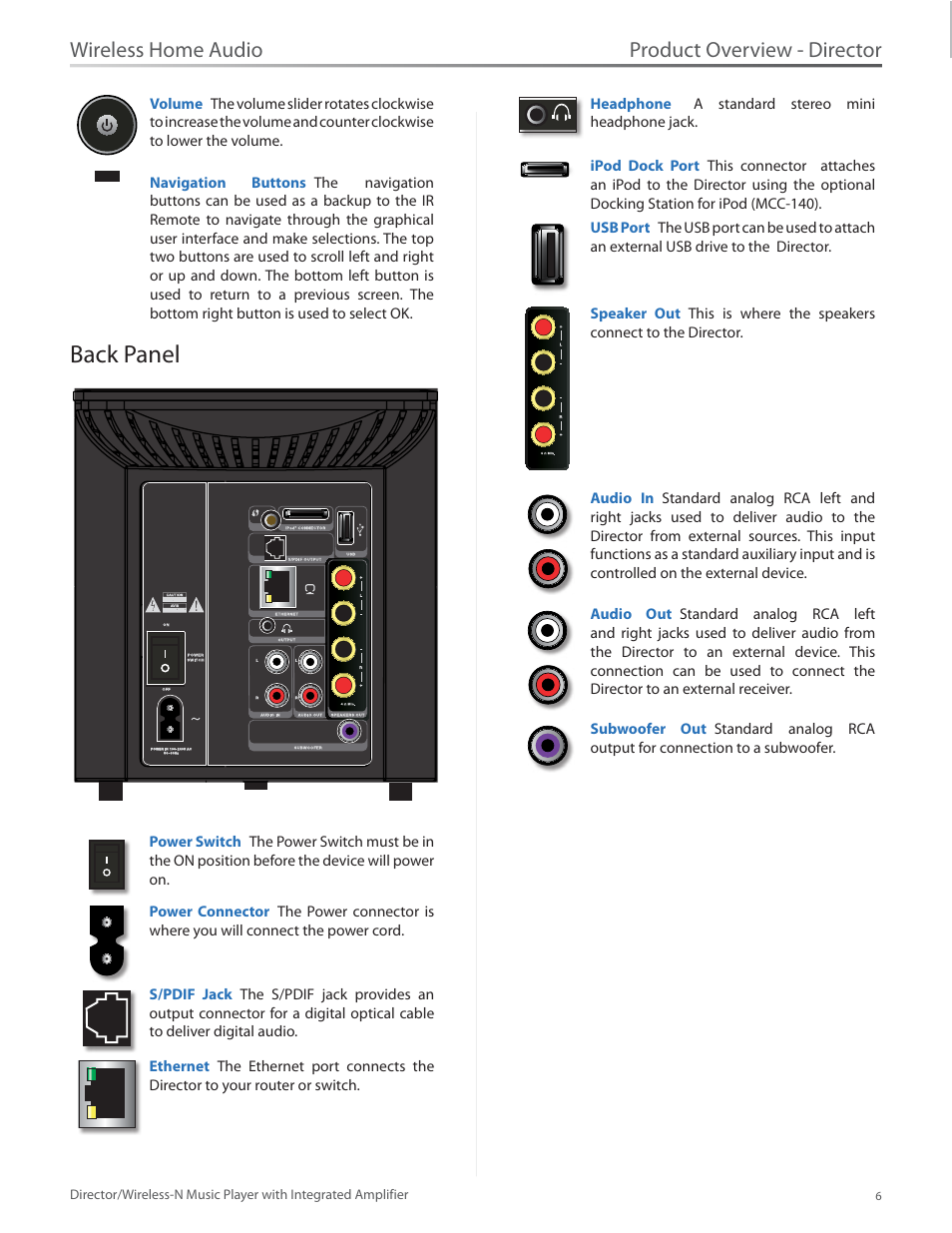 Back panel, Back panel 6, Product overview - director | Wireless home audio | Linksys Director / Wireless-N Music Player DMC250 User Manual | Page 13 / 73