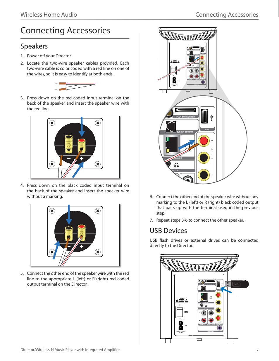 Connecting accessories, Speakers, Usb devices | Speakers 7 usb devices 7, Wireless home audio | Linksys Director / Wireless-N Music Player DMC250 User Manual | Page 14 / 73