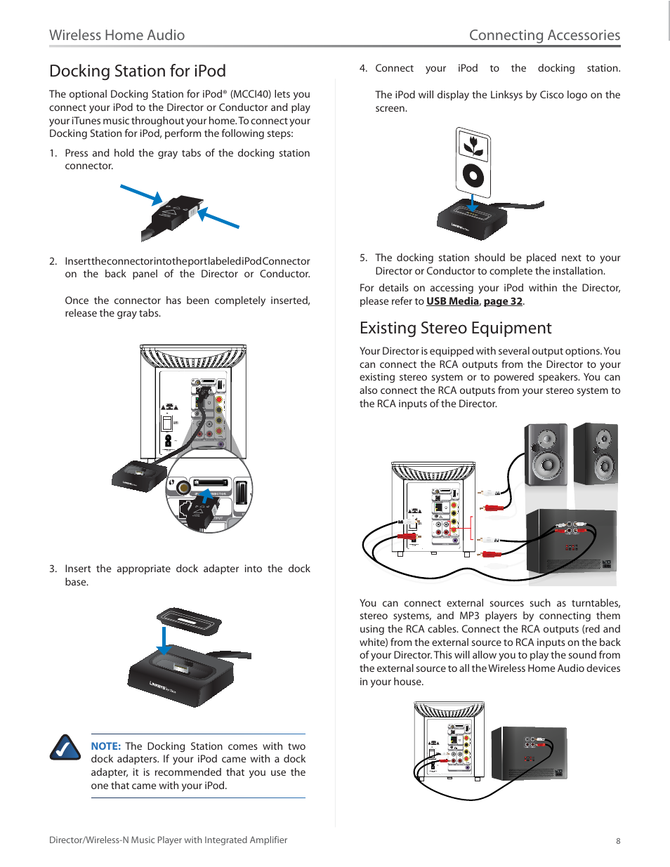 Docking station for ipod, Existing stereo equipment, Connecting accessories | Wireless home audio | Linksys Director / Wireless-N Music Player DMC250 User Manual | Page 15 / 73