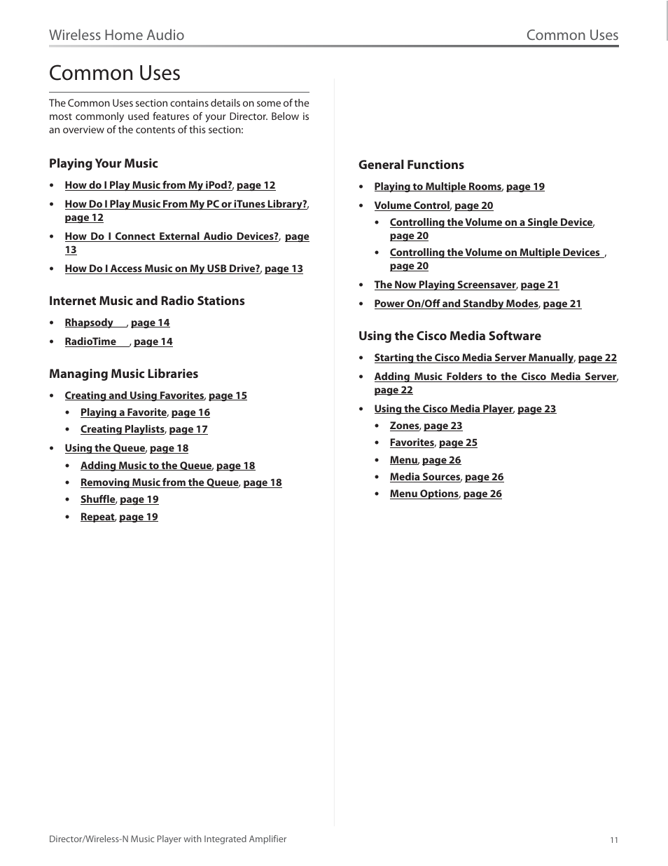 Common uses, Wireless home audio | Linksys Director / Wireless-N Music Player DMC250 User Manual | Page 18 / 73