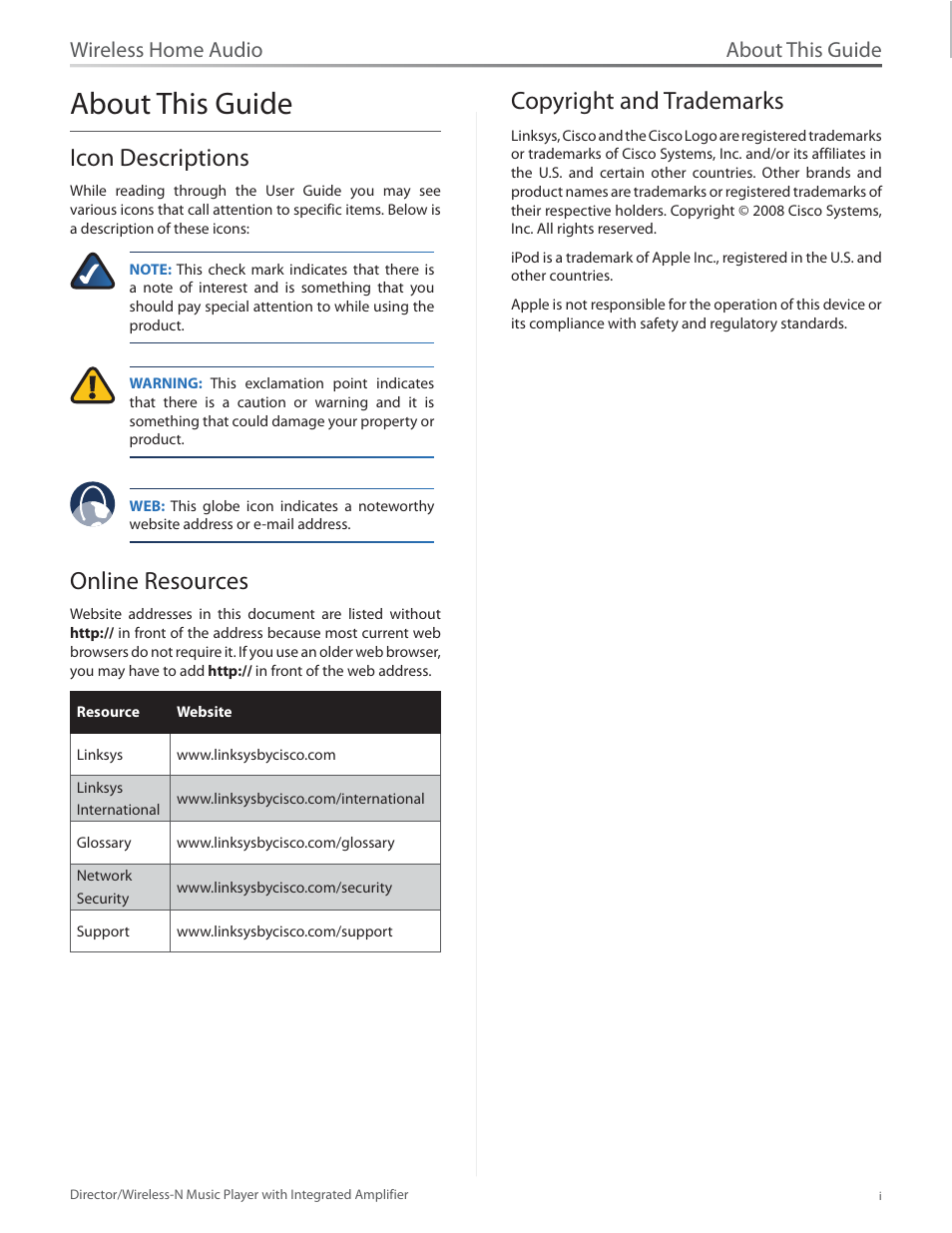 About this guide, Icon descriptions, Online resources | Copyright and trademarks, Wireless home audio | Linksys Director / Wireless-N Music Player DMC250 User Manual | Page 2 / 73