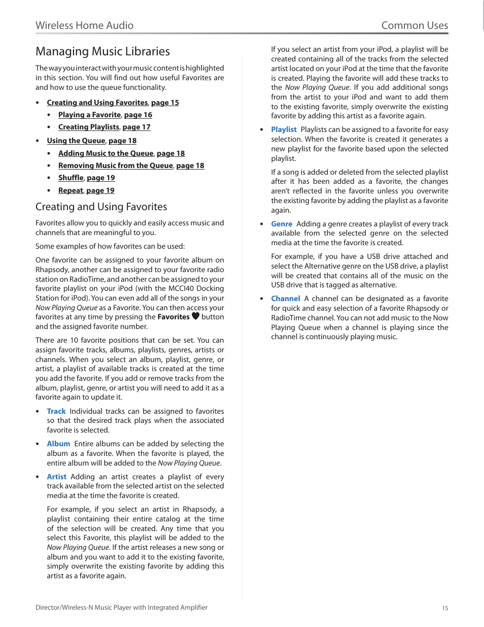 Managing music libraries, Creating and using favorites, Managing music libraries 15 | Common uses, Wireless home audio | Linksys Director / Wireless-N Music Player DMC250 User Manual | Page 22 / 73