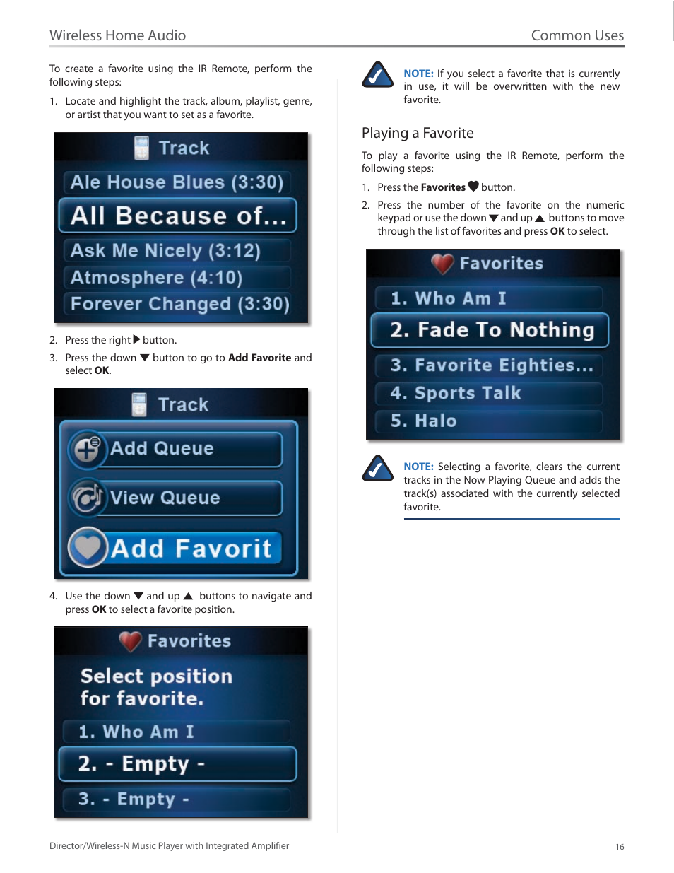 Playing a favorite, Common uses, Wireless home audio | Linksys Director / Wireless-N Music Player DMC250 User Manual | Page 23 / 73