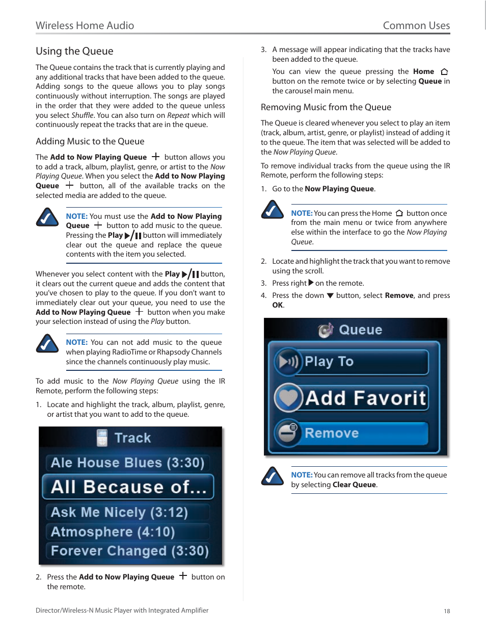 Using the queue, Common uses, Wireless home audio using the queue | Linksys Director / Wireless-N Music Player DMC250 User Manual | Page 25 / 73