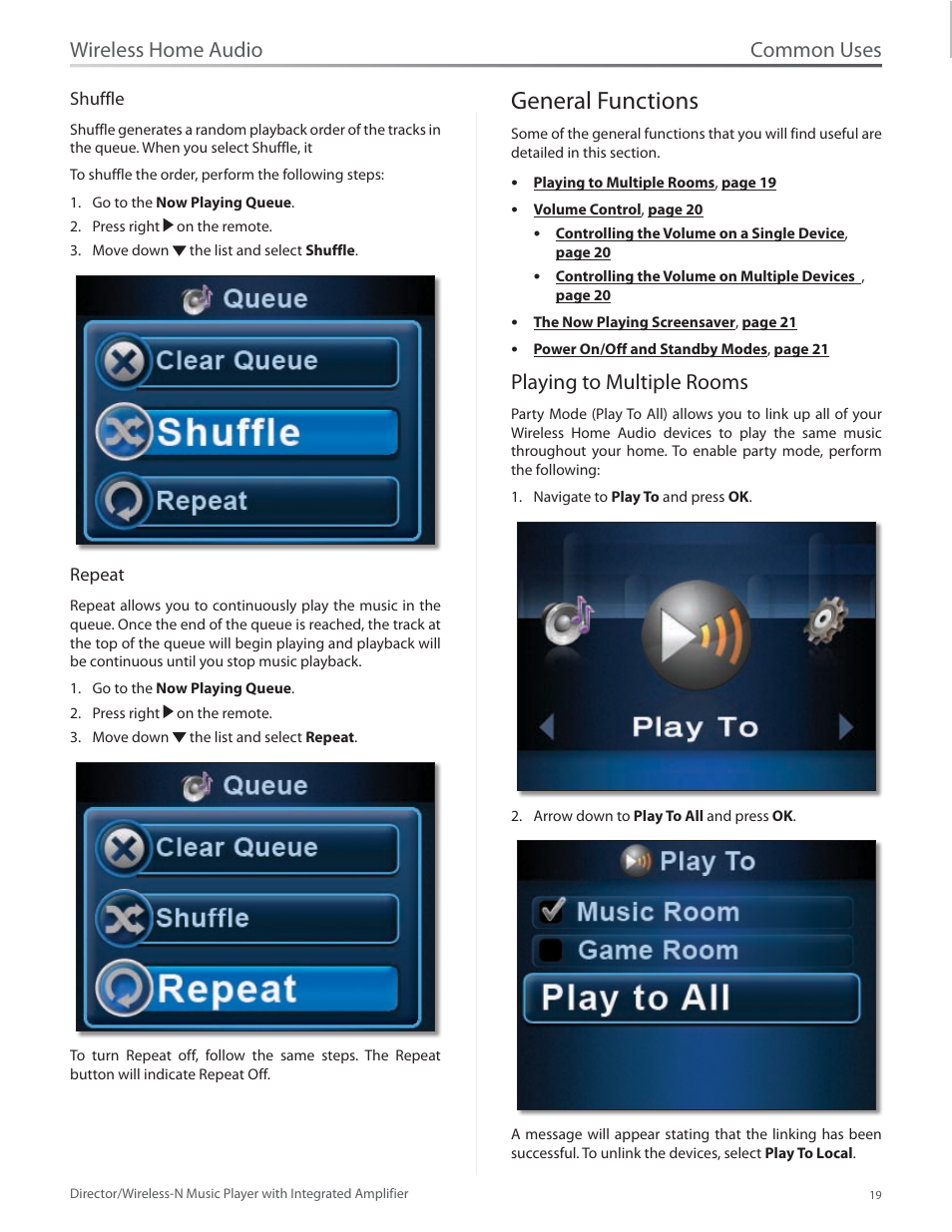 General functions, Playing to multiple rooms, General functions 19 | Common uses, Wireless home audio | Linksys Director / Wireless-N Music Player DMC250 User Manual | Page 26 / 73