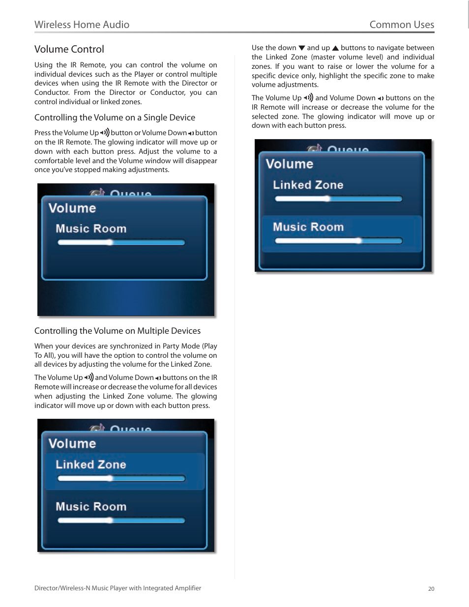 Volume control, Controlling the volume on a single device, Controlling the volume on multiple devices | Common uses, Wireless home audio volume control | Linksys Director / Wireless-N Music Player DMC250 User Manual | Page 27 / 73