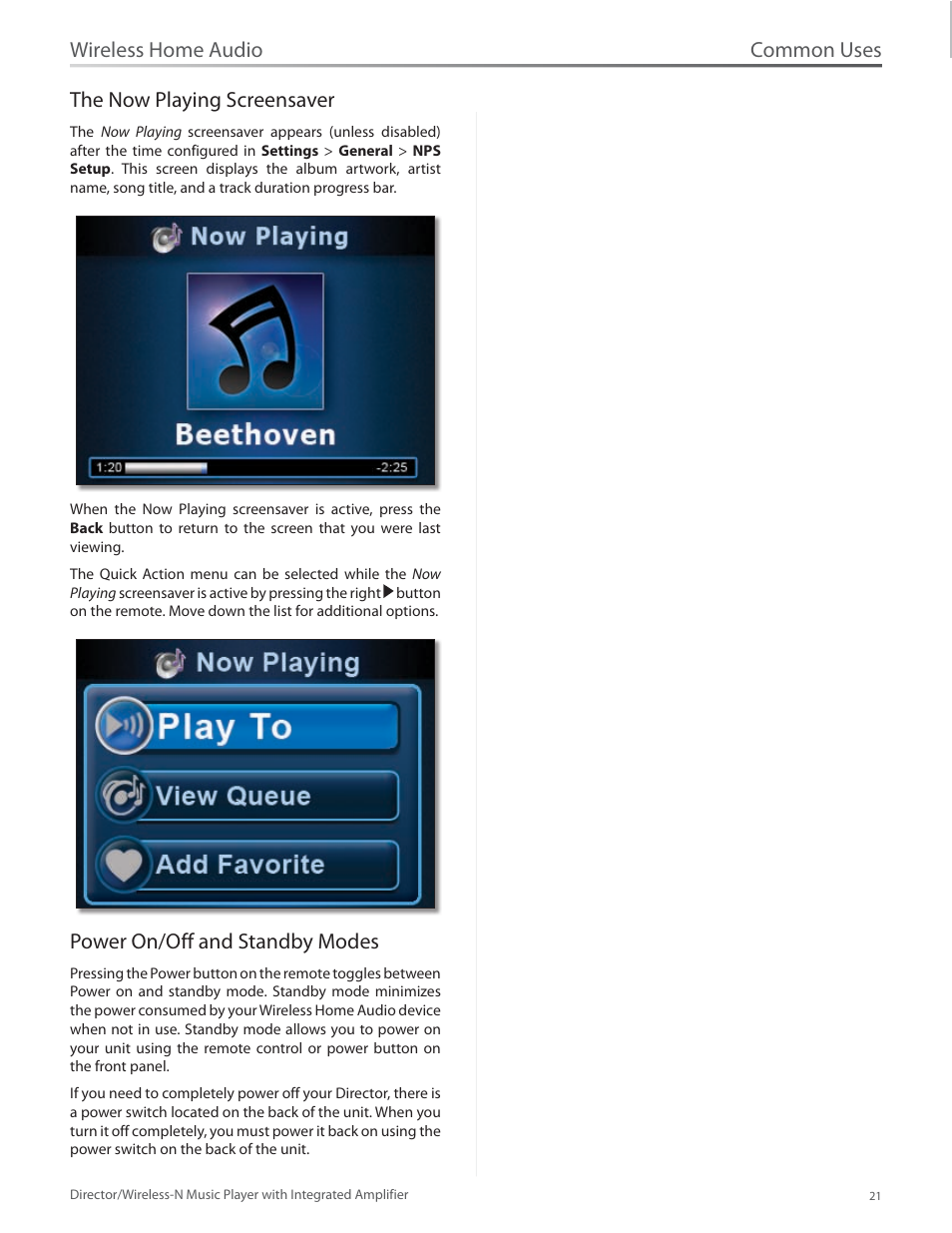 The now playing screensaver, Power on/off and standby modes, Common uses | Wireless home audio the now playing screensaver | Linksys Director / Wireless-N Music Player DMC250 User Manual | Page 28 / 73