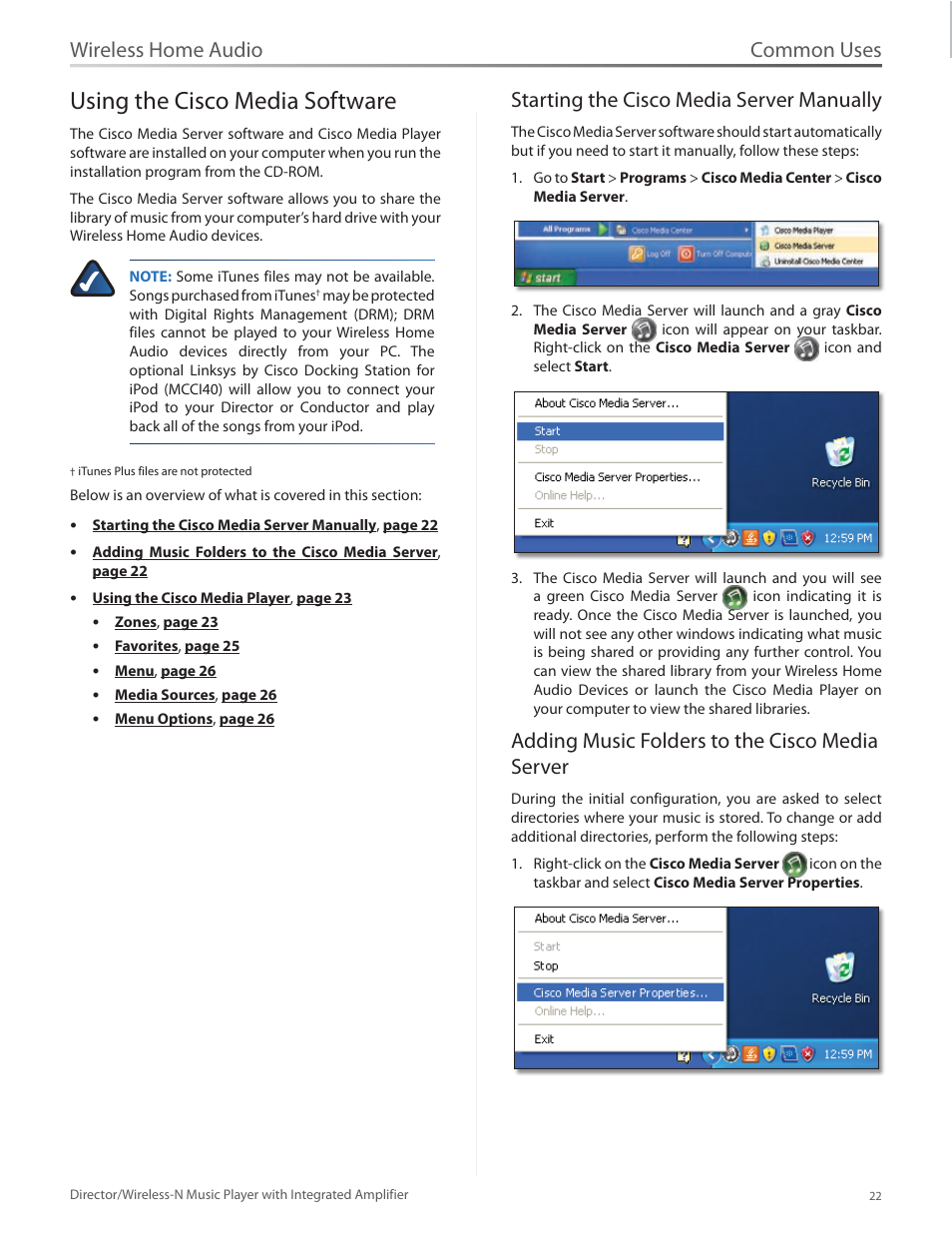 Using the cisco media software, Starting the cisco media server manually, Adding music folders to the cisco media server | Using the cisco media software 22, Using the cisco media, Common uses, Wireless home audio | Linksys Director / Wireless-N Music Player DMC250 User Manual | Page 29 / 73