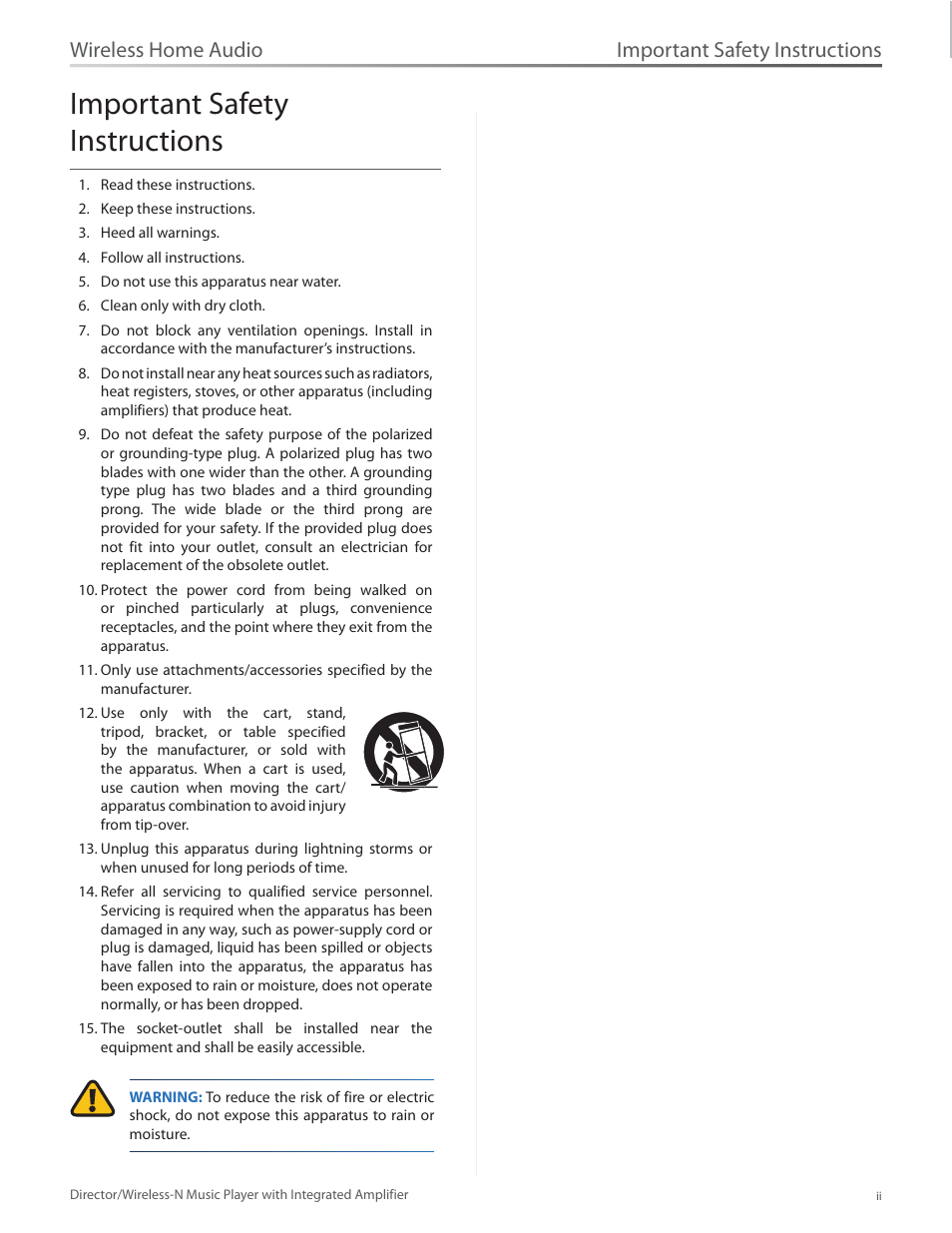 Important safety instructions, Wireless home audio | Linksys Director / Wireless-N Music Player DMC250 User Manual | Page 3 / 73