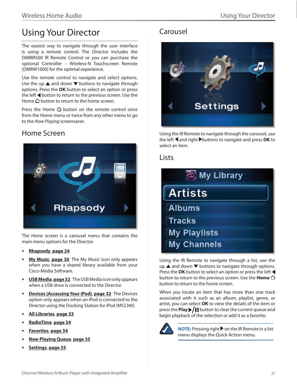 Using your director, Home screen, Carousel | Lists, Home screen 27 carousel 27 lists 27, Wireless home audio | Linksys Director / Wireless-N Music Player DMC250 User Manual | Page 34 / 73