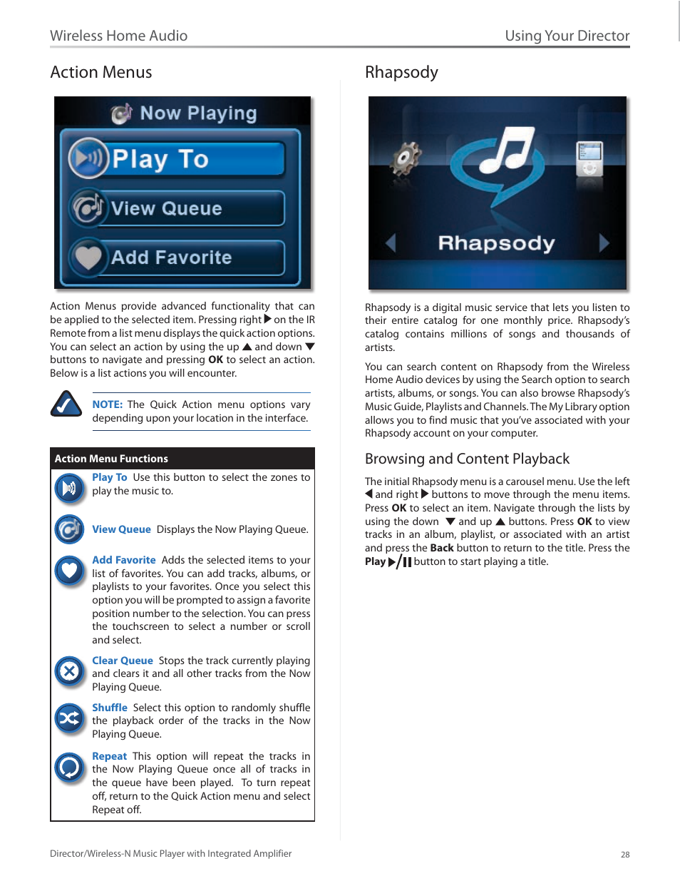Action menus, Rhapsody, Browsing and content playback | Action menus 28 rhapsody 28, Using your director, Wireless home audio | Linksys Director / Wireless-N Music Player DMC250 User Manual | Page 35 / 73
