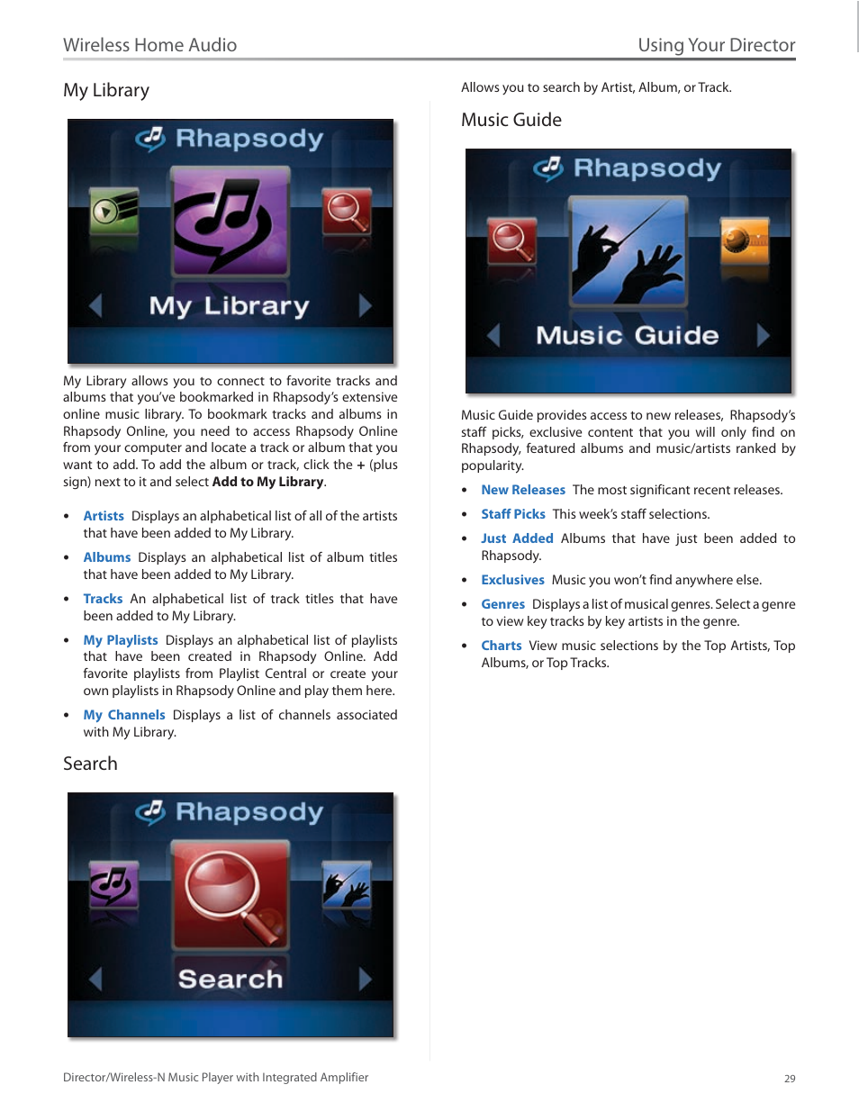 My library, Search, Music guide | My library search music guide, Using your director, Wireless home audio my library | Linksys Director / Wireless-N Music Player DMC250 User Manual | Page 36 / 73