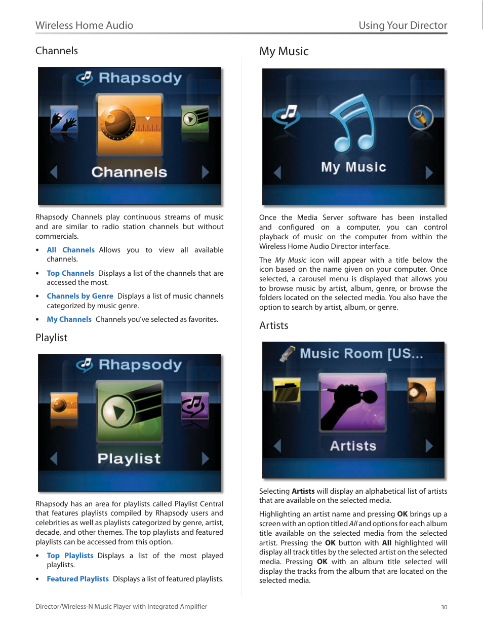 Channels, Playlist, My music | Artists, Channels playlist, My music 30, Using your director, Wireless home audio channels | Linksys Director / Wireless-N Music Player DMC250 User Manual | Page 37 / 73