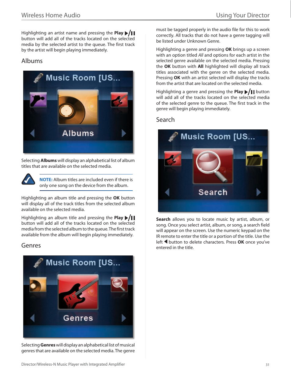 Albums, Genres, Search | Albums genres search, Using your director, Wireless home audio | Linksys Director / Wireless-N Music Player DMC250 User Manual | Page 38 / 73