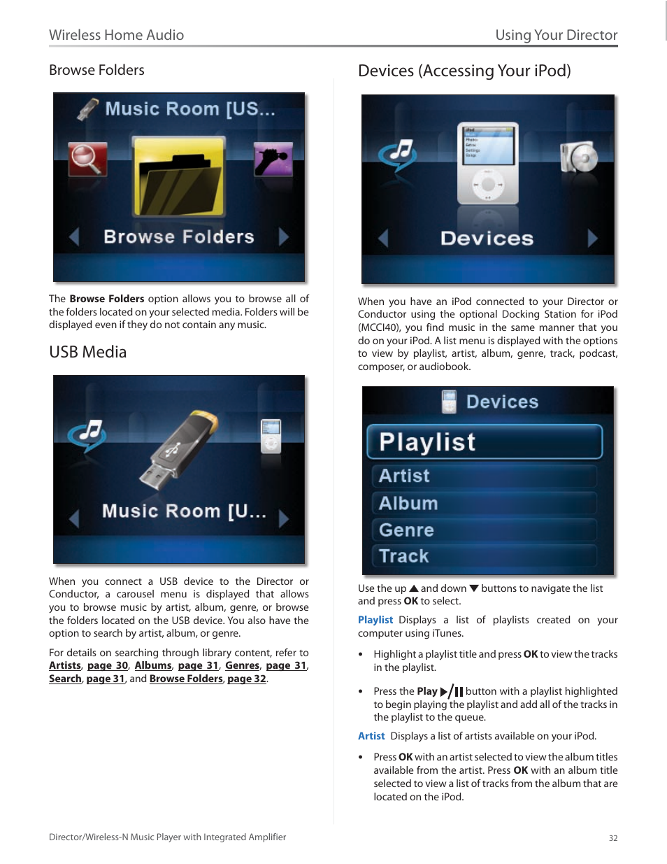 Browse folders, Usb media, Devices (accessing your ipod) | Usb media 32 devices (accessing your ipod) 32, Using your director, Wireless home audio browse folders | Linksys Director / Wireless-N Music Player DMC250 User Manual | Page 39 / 73