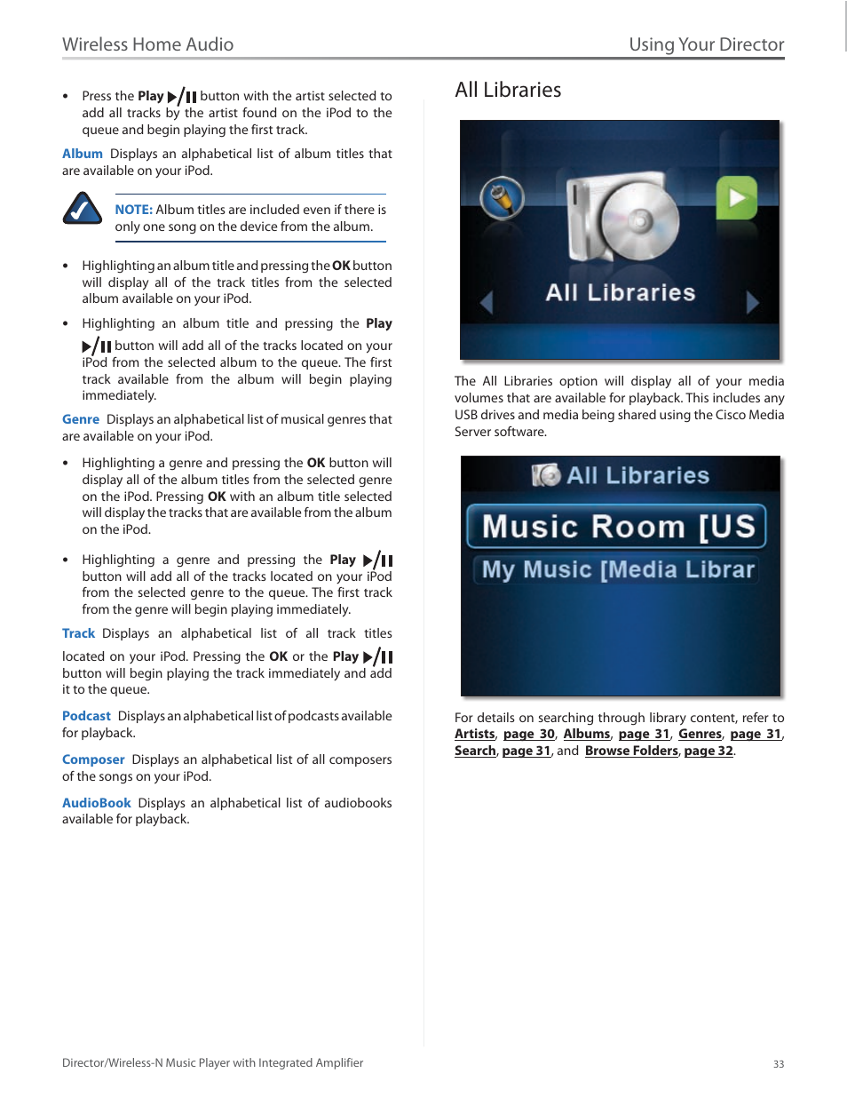 All libraries, All libraries 33, Using your director | Wireless home audio | Linksys Director / Wireless-N Music Player DMC250 User Manual | Page 40 / 73