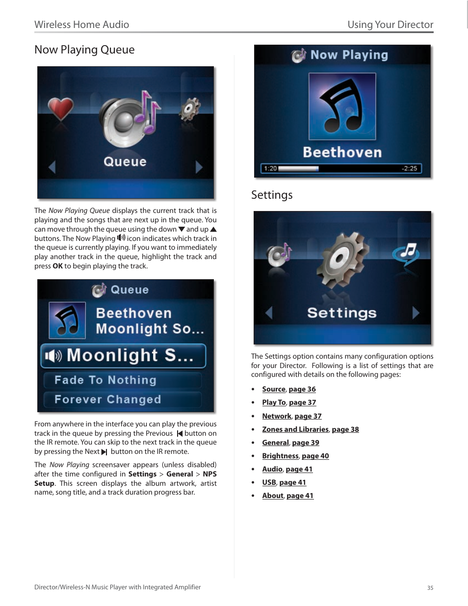 Now playing queue, Settings, Now playing queue 35 | Settings 35, Using your director, Wireless home audio | Linksys Director / Wireless-N Music Player DMC250 User Manual | Page 42 / 73