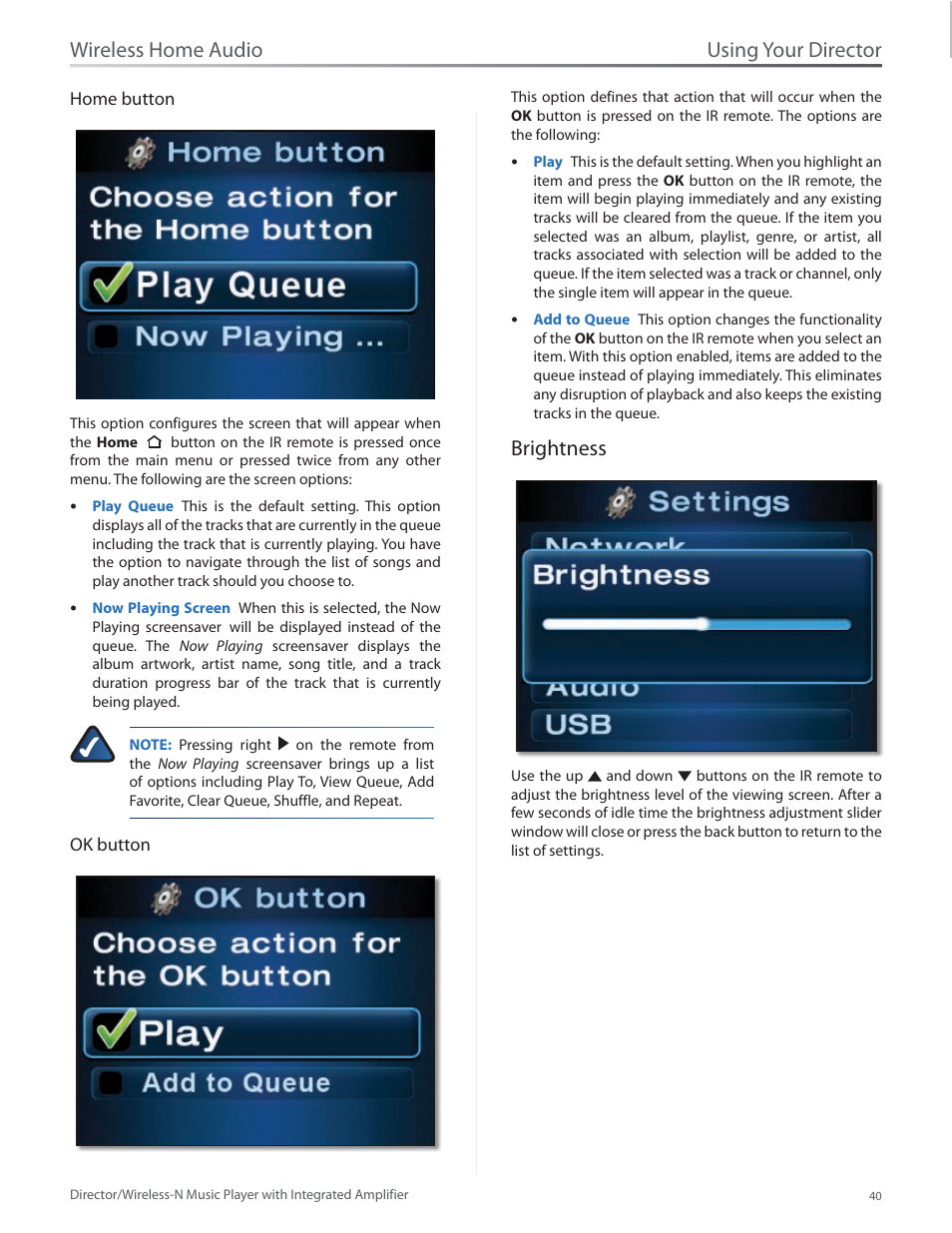Brightness, Using your director, Wireless home audio | Linksys Director / Wireless-N Music Player DMC250 User Manual | Page 47 / 73
