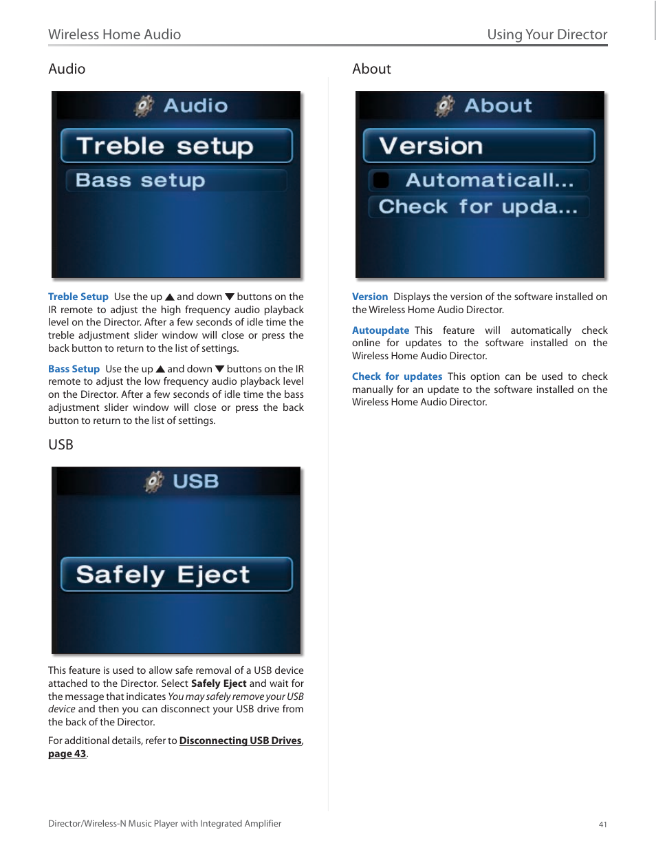Audio, About, Audio usb about | Using your director, Wireless home audio audio | Linksys Director / Wireless-N Music Player DMC250 User Manual | Page 48 / 73