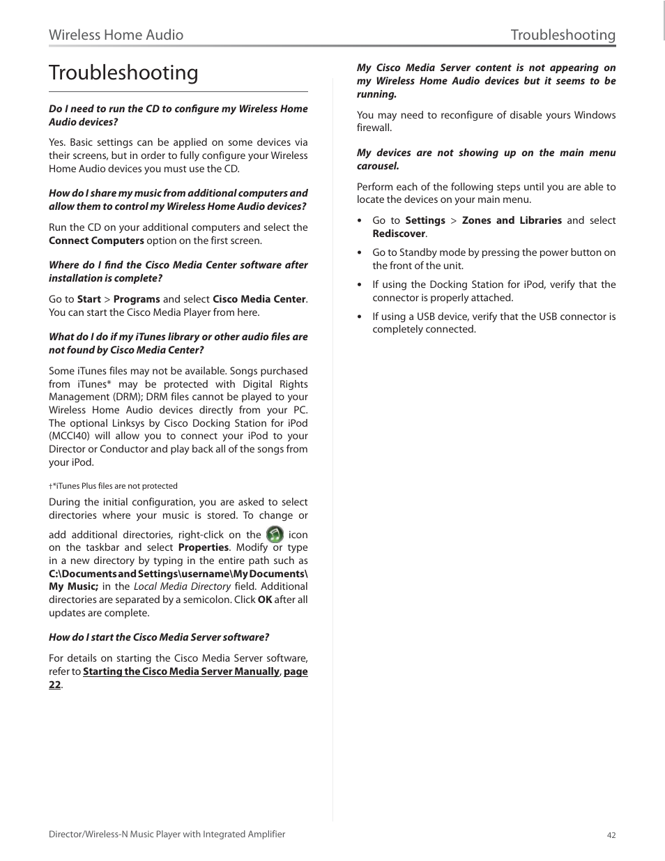 Troubleshooting, Wireless home audio | Linksys Director / Wireless-N Music Player DMC250 User Manual | Page 49 / 73