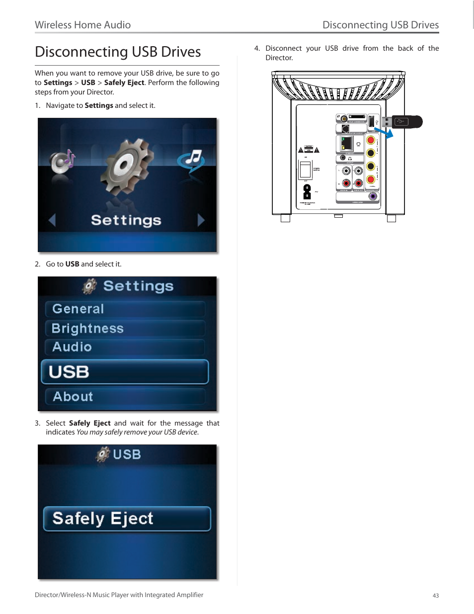 Disconnecting usb drives, Wireless home audio | Linksys Director / Wireless-N Music Player DMC250 User Manual | Page 50 / 73